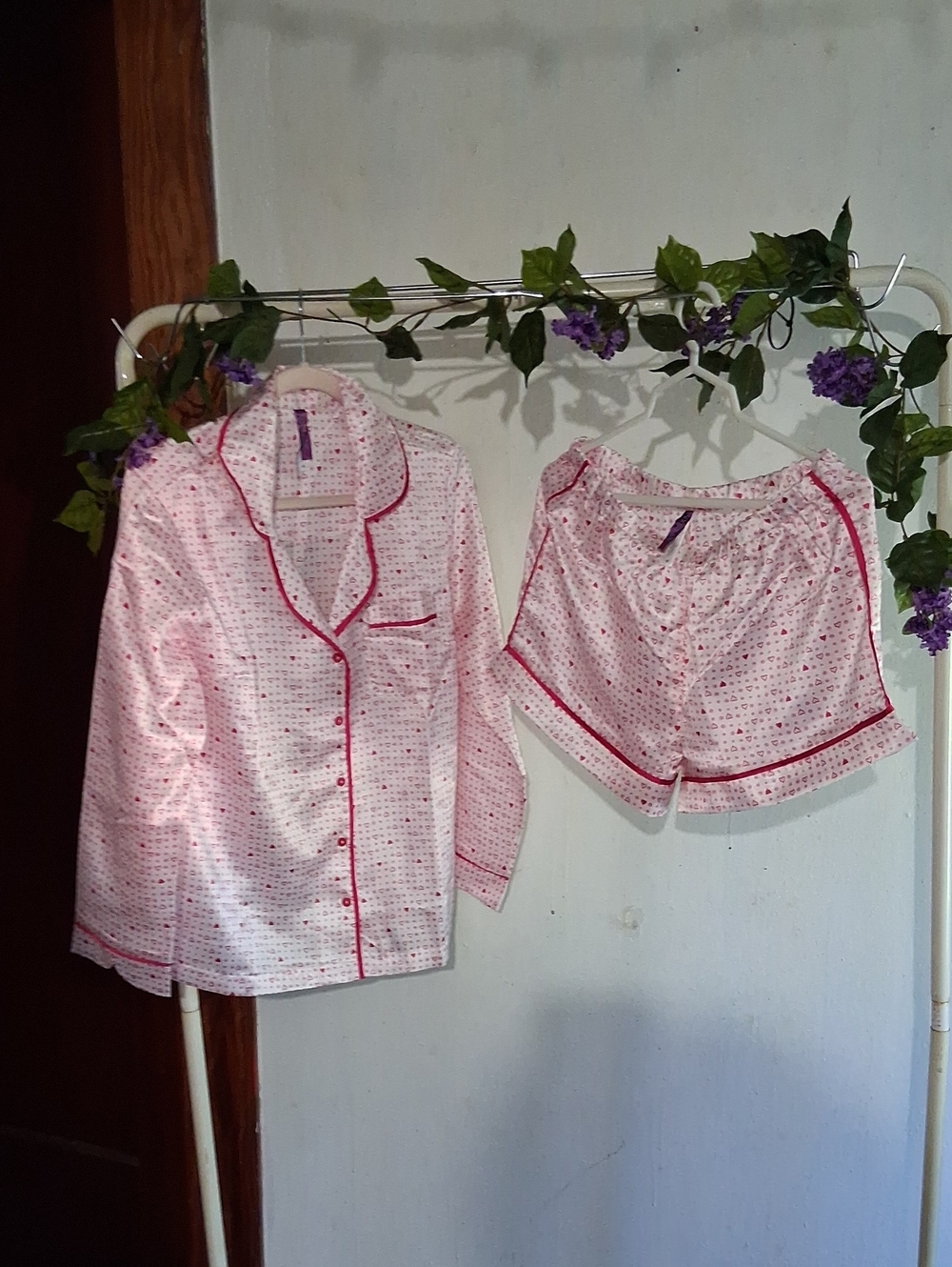 Adore Me Pink Satin Two-Piece Pajama Set with Fuchsia Trim